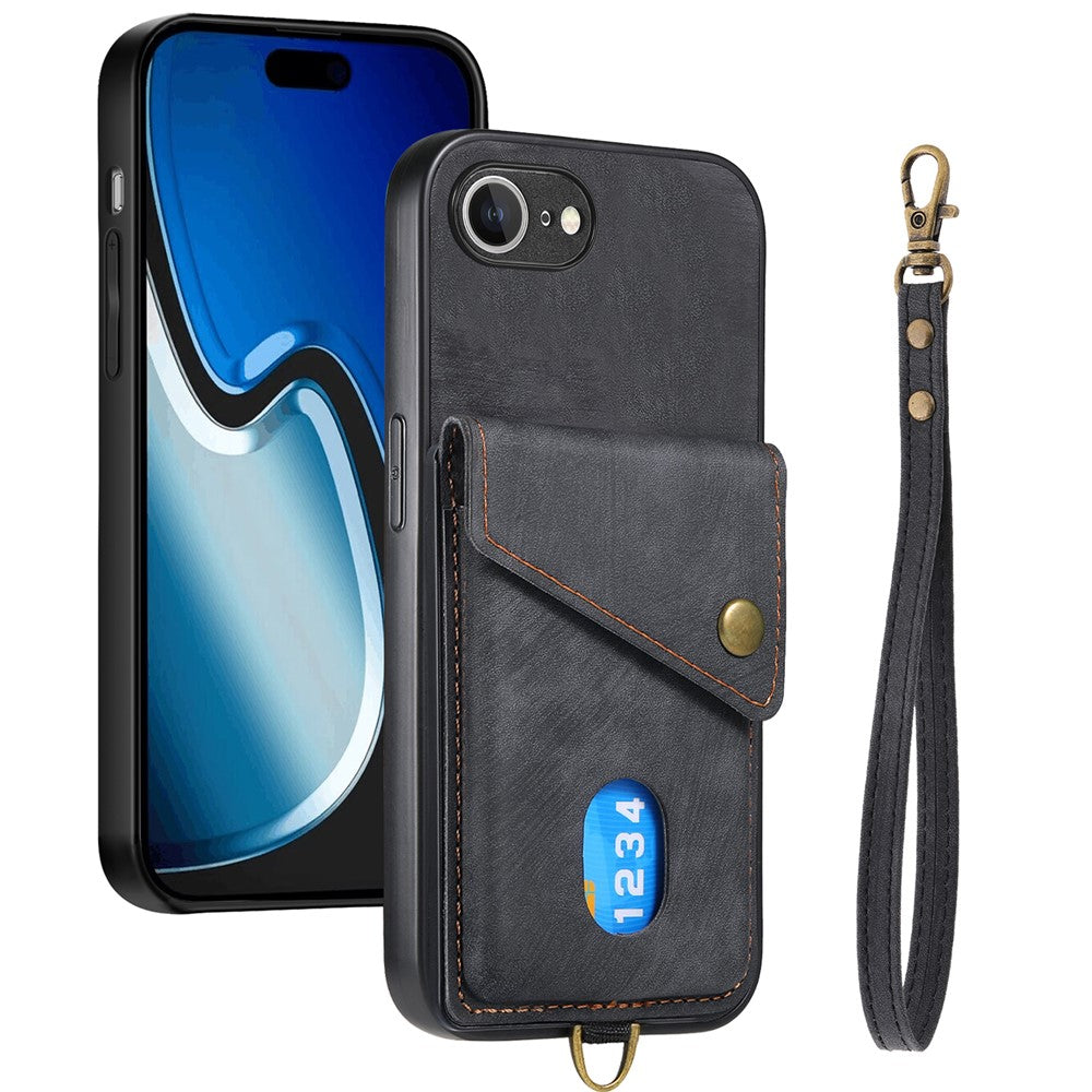 iPhone 17e / 16e Läderskal med Korthållare & Ställ - Svart
