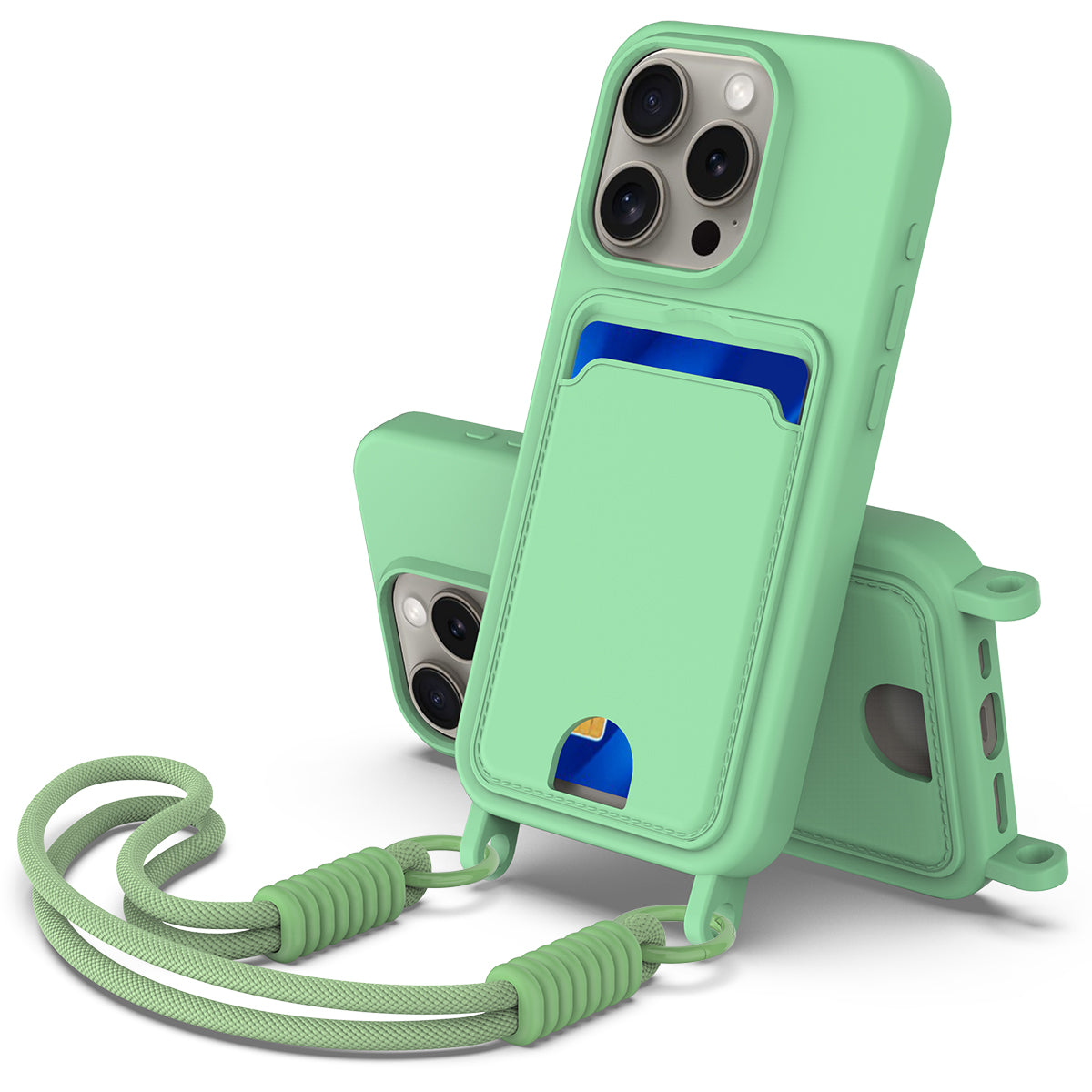 iPhone 16 Pro Silikonskal med Korthållare & Rem - Grön