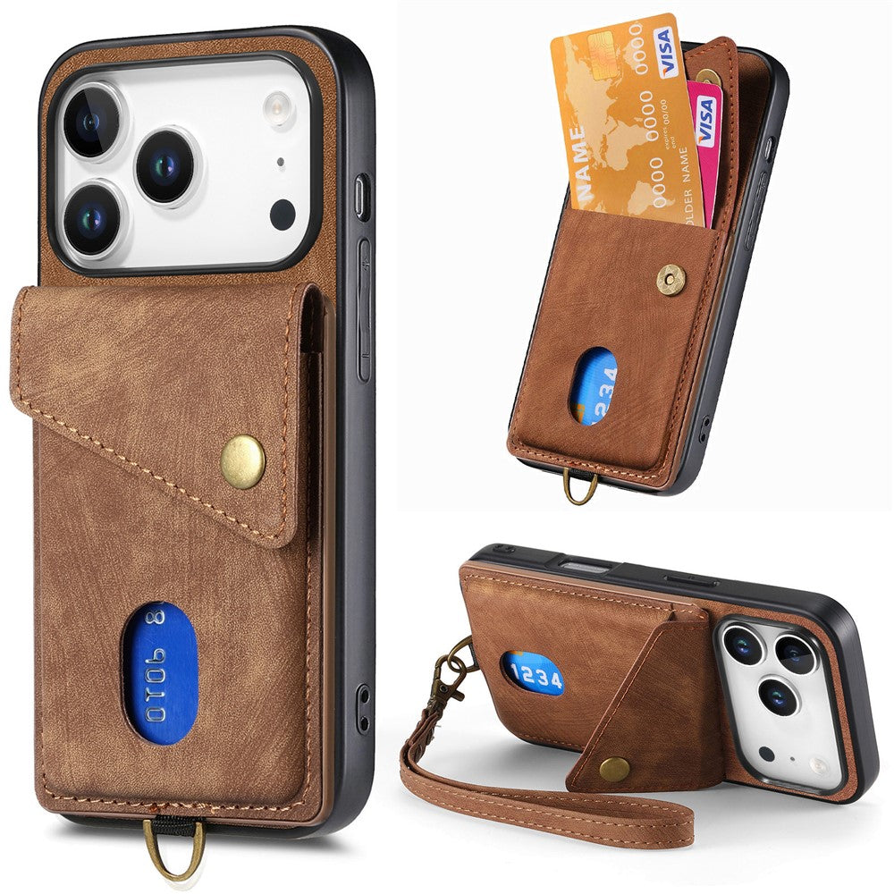 iPhone 17 Pro Max Läderskal med Korthållare & Ställ - Brun