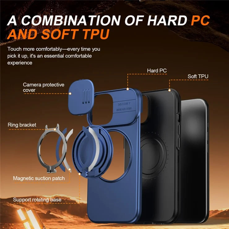 iPhone 15 Case Magnetic Case Ring Kickstand Slide Camera Cover TPU PC Hybrid Phone Shell - Blue