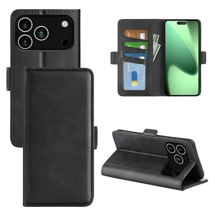Til iPhone 17 Pro cover i kalveskindspræget læder med pung – sort