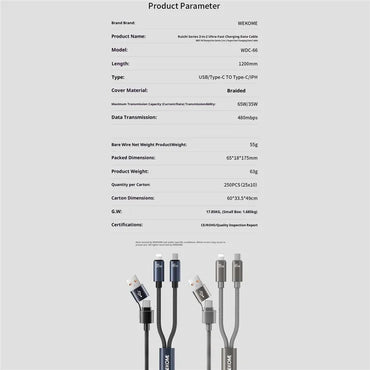 WEKOME WDC-66 USB / Type-C to Type-C / iP Cable 1.2m 3A 65W Super Fast Charging Data Sync Cord - Grey