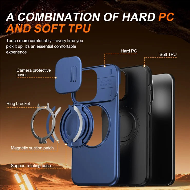 iPhone 15 Pro Max Magnetic Case Ring Kickstand Slide Camera Cover TPU PC Hybrid Phone Shell - Blue