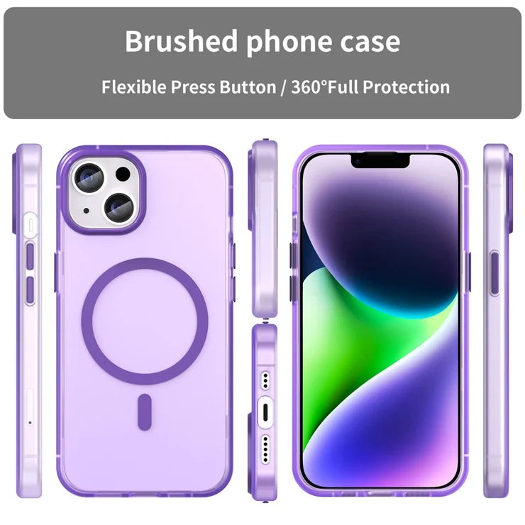 iPhone 14 gennemsigtigt cover mat design kompatibelt med MagSafe trådløs opladning – mørklilla