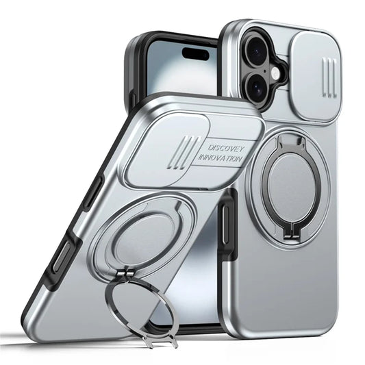 iPhone 16 Case Magnetic Case Ring Kickstand Slide Camera Cover TPU PC Hybrid Phone Shell - Silver