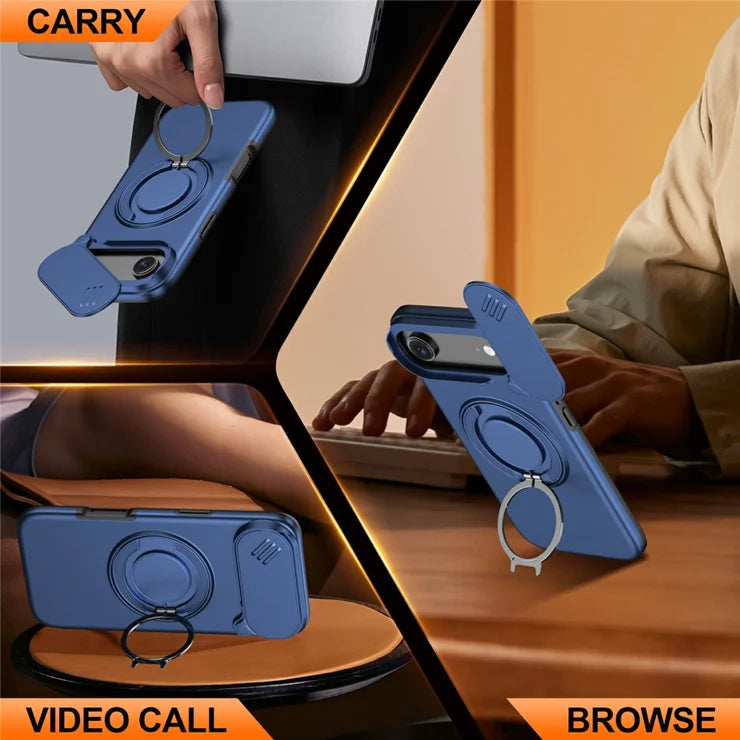 iPhone Air Magnetic Cover Ring Støtteben Skydbar Kameradæksel TPU PC Hybrid Telefoncover - Blå