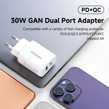 AMORUS PD 30W Type-C + QC 18W USB-A Dual Port GaN Power Adapter Fast Charging Wall Charger for Phone Tablet - EU Plug