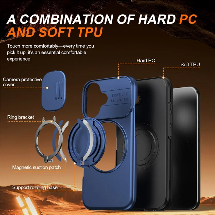 iPhone 17 Case Magnetic Case Ring Kickstand Slide Camera Cover TPU PC Hybrid Phone Shell - Blue