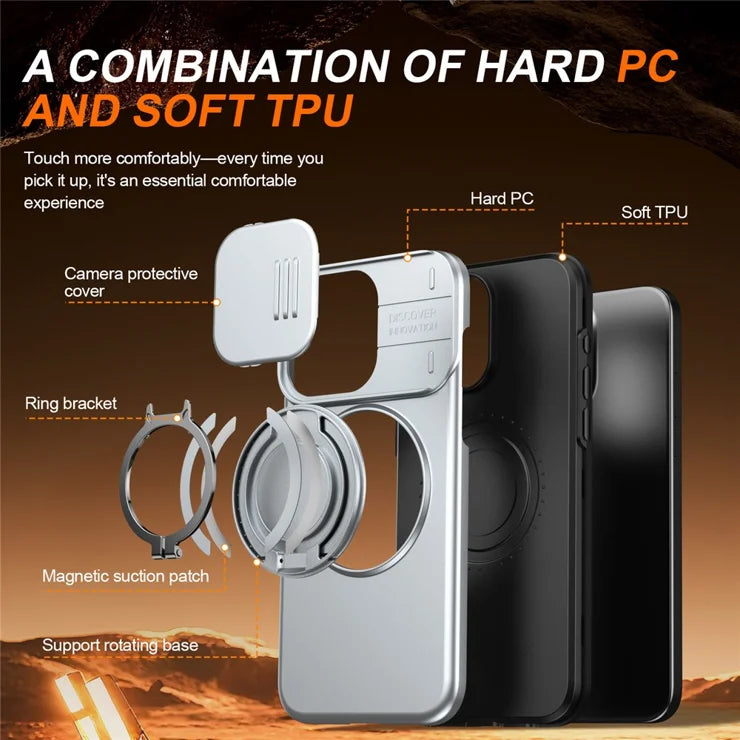 For iPhone 15 Pro Max Magnetic Case Ring Kickstand Slide Camera Cover TPU PC Hybrid Phone Shell - Grey
