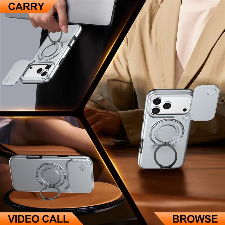 iPhone 17 Pro Max Magnetisk Cover Ring Støtteben Skydbar Kameralinsebeskytter TPU PC Hybrid Telefoncover - Grå