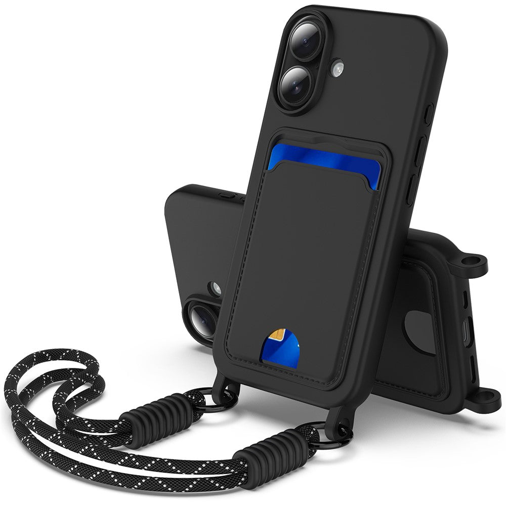 iPhone 16 Plus Silikonskal med Korthållare & Rem - Svart