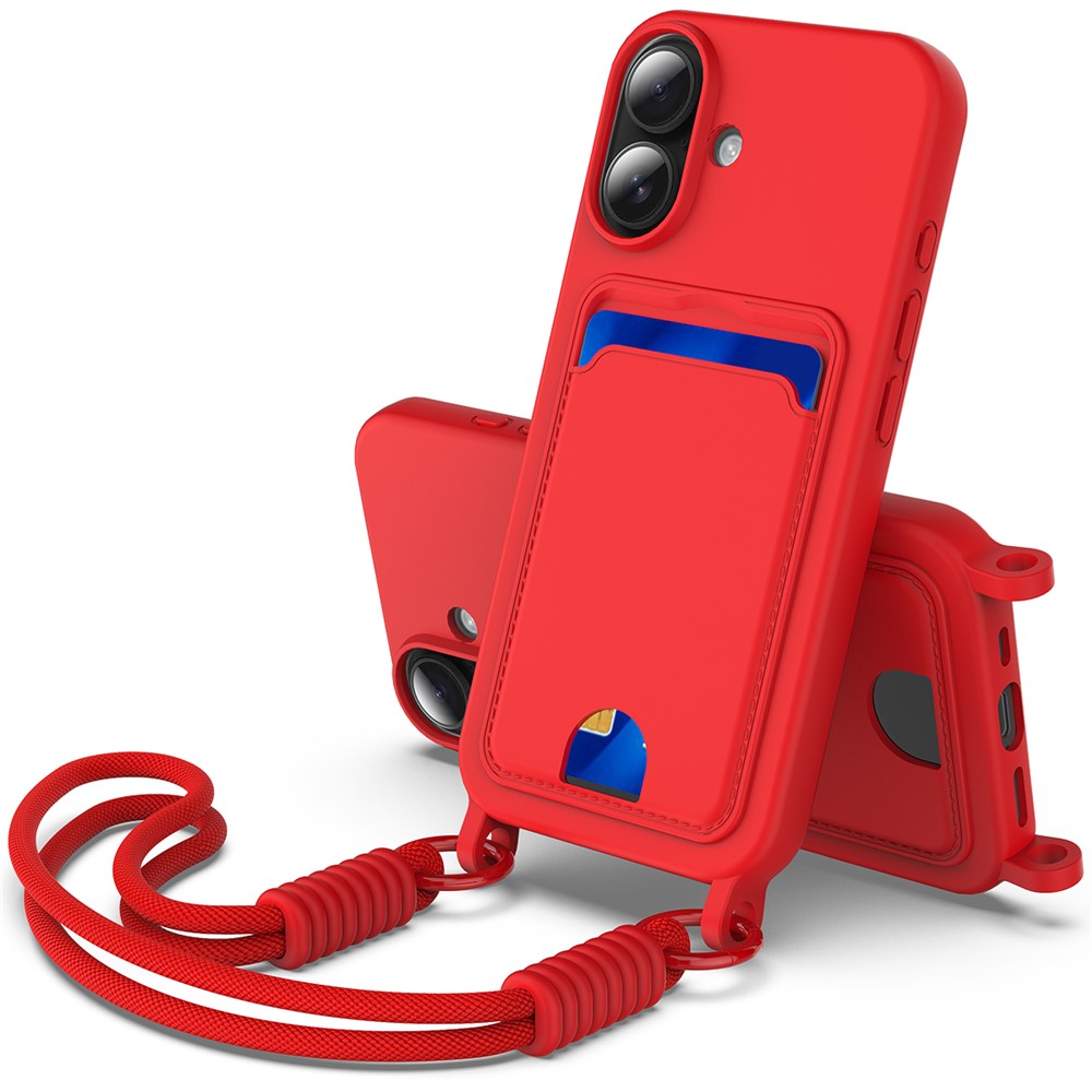 iPhone 16 Plus Silikonskal med Korthållare & Rem - Röd