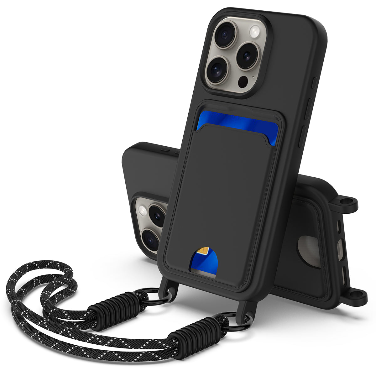 iPhone 16 Pro Max Silikonskal med Korthållare & Rem - Svart