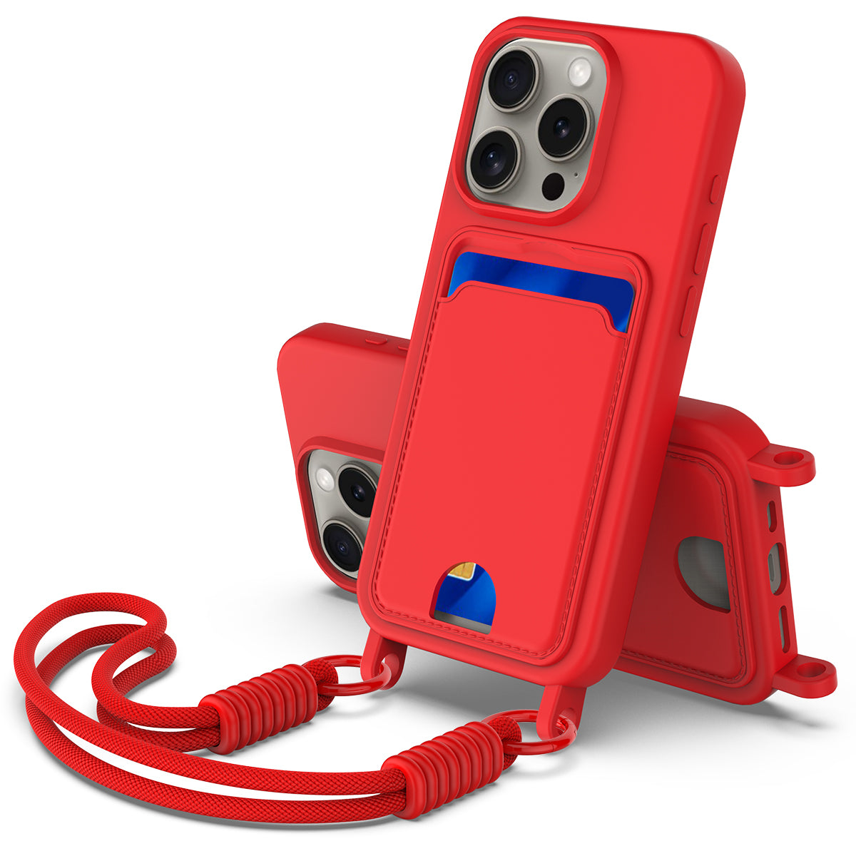 iPhone 16 Pro Max Silikonskal med Korthållare & Rem - Röd