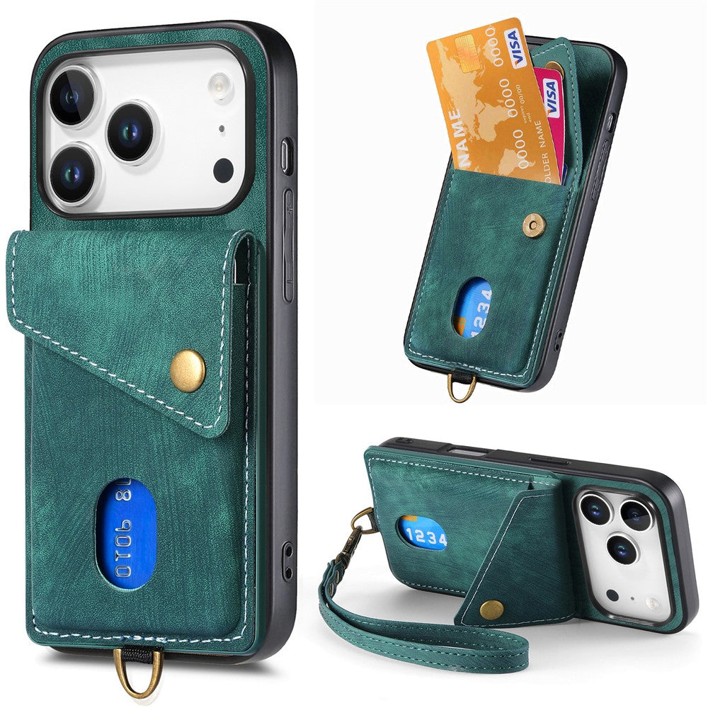 iPhone 17 Pro Max Läderskal med Korthållare & Ställ - Grön