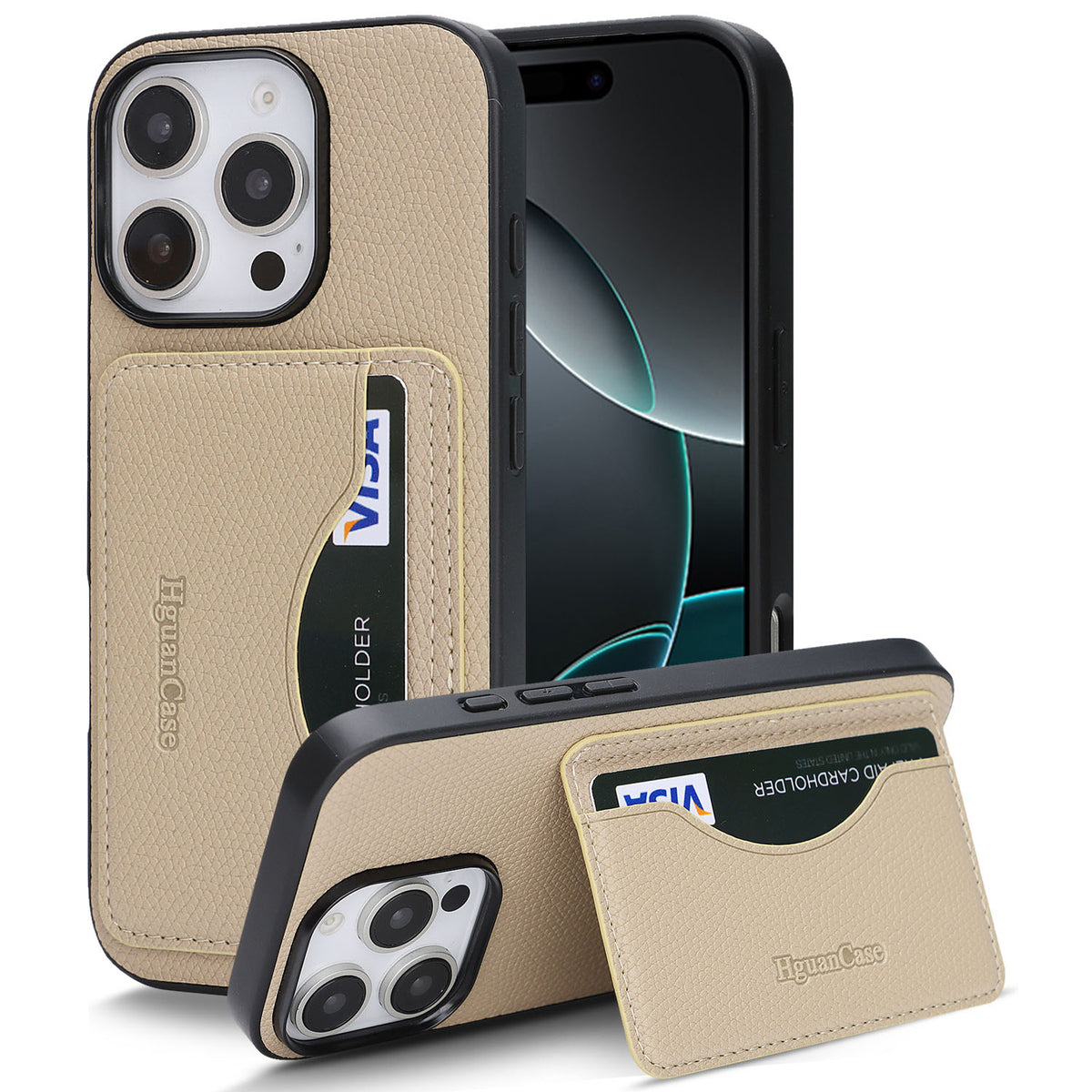 HGUANCASE iPhone 15 Pro Vintageskal i Läder med Korthållare - Aprikos