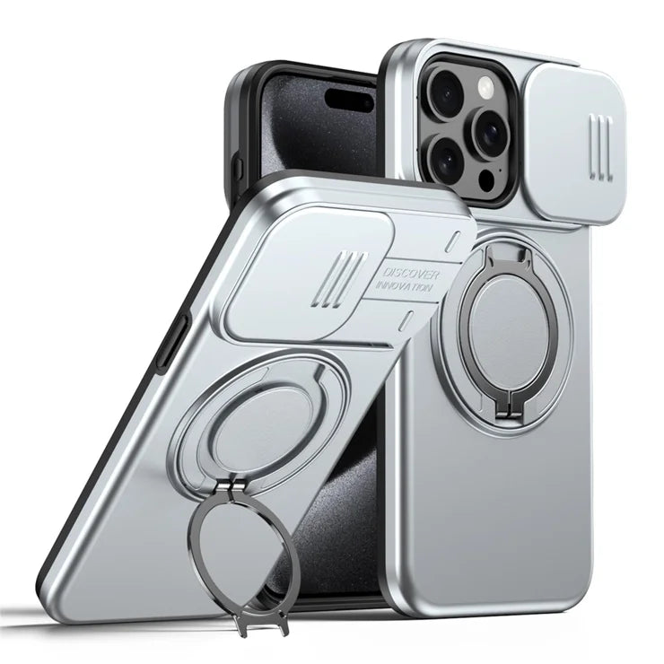 iPhone 15 Pro Case Magnetic Case Ring Kickstand Slide Camera Cover TPU PC Hybrid Phone Shell - Silver