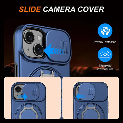 iPhone 15 Plus  /  14 Plus Ring Kickstand Slide Camera Cover TPU PC Hybrid Phone Shell - Blue