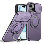 iPhone 15 Case Magnetic Case Ring Kickstand Slide Camera Cover TPU PC Hybrid Phone Shell - Purple