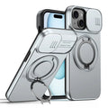 iPhone 15 Case Magnetic Case Ring Kickstand Slide Camera Cover TPU PC Hybrid Phone Shell - Silver
