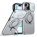 iPhone 15 Case Magnetic Case Ring Kickstand Slide Camera Cover TPU PC Hybrid Phone Shell - Silver