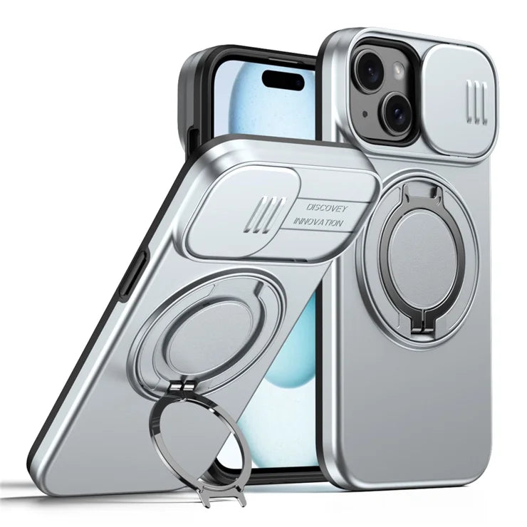 iPhone 15 Cover Magnetisk Cover Ring Støtteben Slide Kamerabeskyttelse TPU PC Hybrid Telefoncover - Sølv