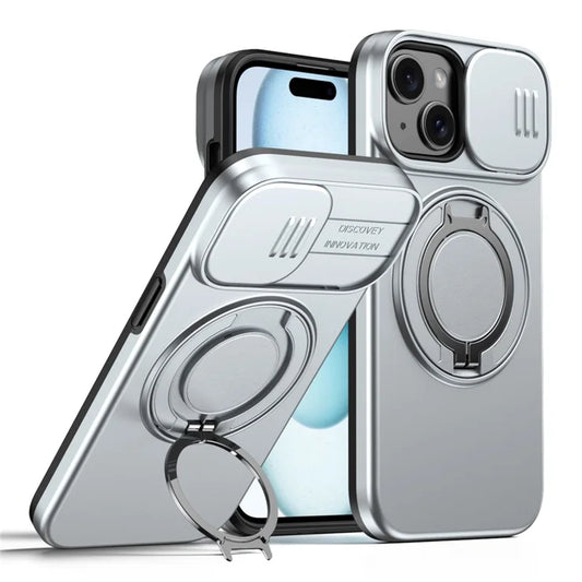 iPhone 15 Case Magnetic Case Ring Kickstand Slide Camera Cover TPU PC Hybrid Phone Shell - Silver