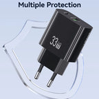 USAMS CC317 T65 33W Fast Charger for iPhone 8-16 Series Dual Ports USB-A + USB-C GaN Power Adapter - EU Plug / Black