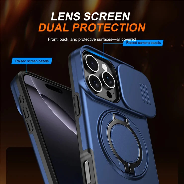 iPhone 16 Pro Cover Magnetisk Cover Ring Støtteben Skydbart Kameralåg TPU PC Hybrid Telefoncover - Blå