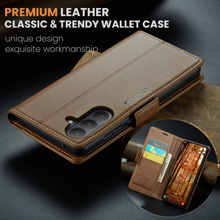 CASEME For Samsung Galaxy S26+ Case 023 Series RFID Blocking Glossy Stand Phone Cover - Brown