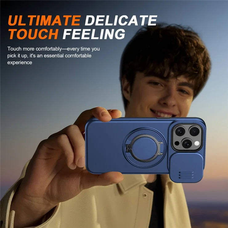 iPhone 15 Pro Case Magnetic Case Ring Kickstand Slide Camera Cover TPU PC Hybrid Phone Shell - Blue