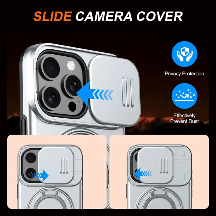 For iPhone 15 Pro Max Magnetic Case Ring Kickstand Slide Camera Cover TPU PC Hybrid Phone Shell - Grey