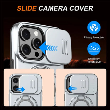 For iPhone 15 Pro Max Magnetic Case Ring Kickstand Slide Camera Cover TPU PC Hybrid Phone Shell - Grey