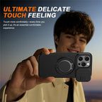 iPhone 15 Pro Max Magnetic Case Ring Kickstand Slide Camera Cover TPU PC Hybrid Phone Shell - Black