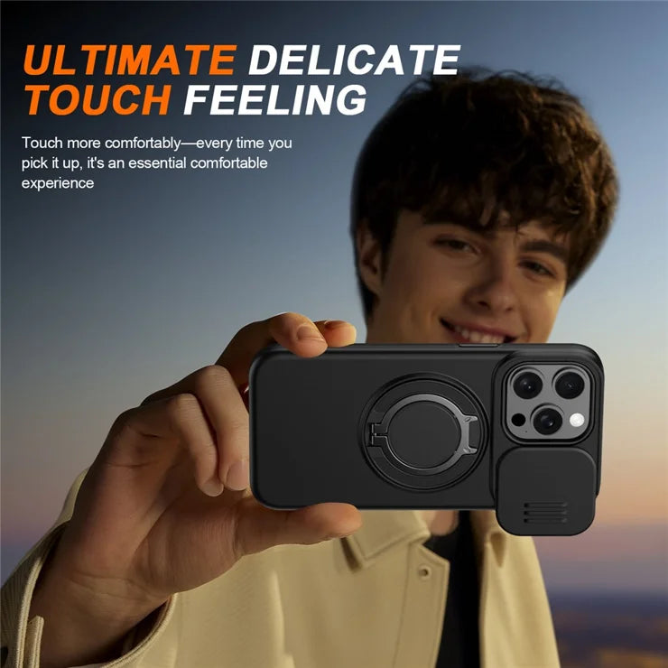iPhone 15 Pro Max Magnetic Case Ring Kickstand Slide Camera Cover TPU PC Hybrid Phone Shell - Black