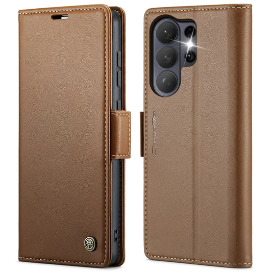 CASEME Samsung Galaxy S26 Ultra -suojakotelo, 023-sarja, RFID-suojaus, kiiltävä jalusta, puhelimen suojus – ruskea