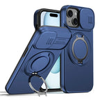 iPhone 15 Case Magnetic Case Ring Kickstand Slide Camera Cover TPU PC Hybrid Phone Shell - Blue