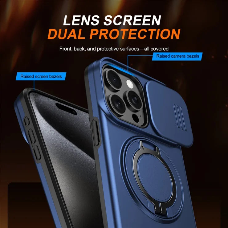 iPhone 15 Pro Case Magnetic Case Ring Kickstand Slide Camera Cover TPU PC Hybrid Phone Shell - Blue