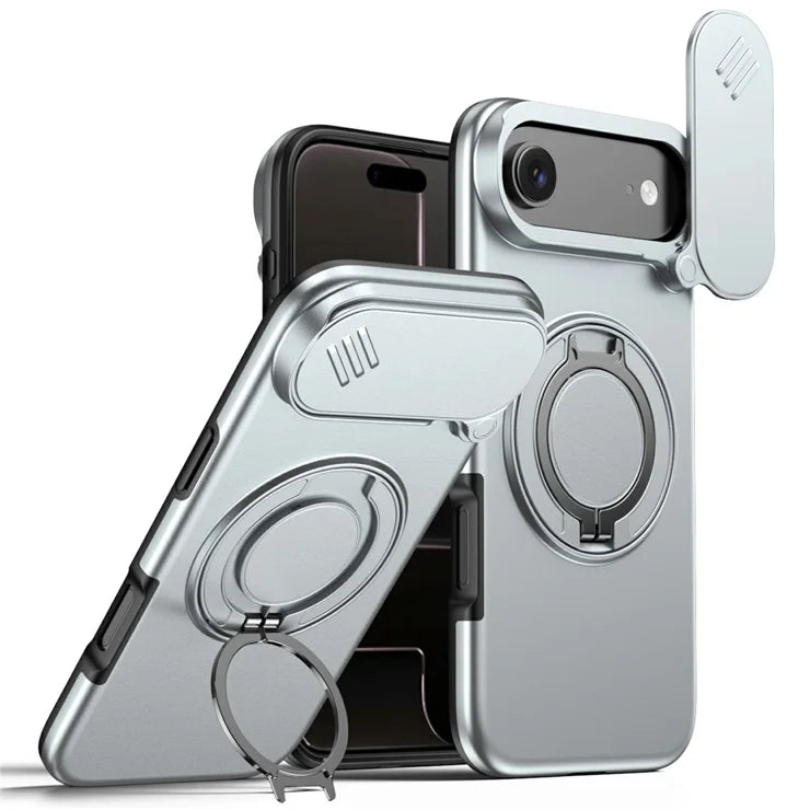iPhone Air Magnetic Case Ring Kickstand Slide Camera Cover TPU PC Hybrid Phone Shell - Grey