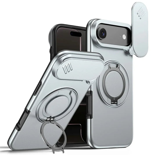 iPhone Air Magnetic Case Ring Kickstand Slide Camera Cover TPU PC Hybrid Phone Shell - Grey