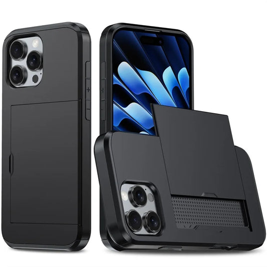 AMORUS iPhone 16 Pro -suojakuori korttipidikkeellä, PC TPU -puhelimen takakansi – musta