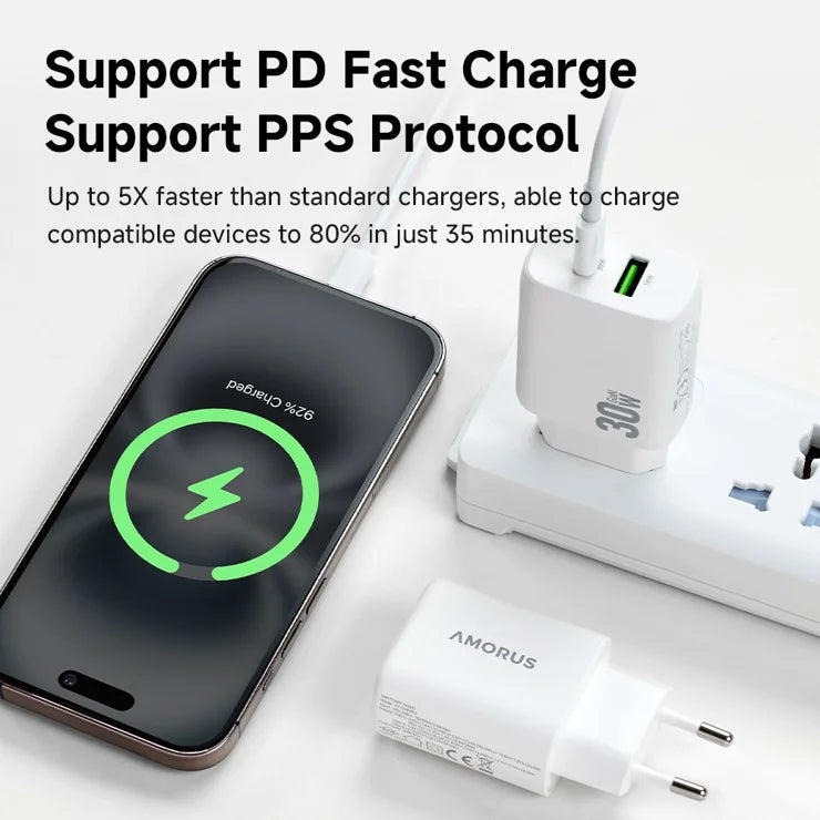 AMORUS PD 30W Type-C + QC 18W USB-A Dual Port GaN Power Adapter Hurtig Oplader til Telefon Tablet - EU Stik