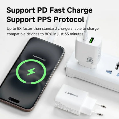 AMORUS PD 30W Type-C + QC 18W USB-A Dual Port GaN Power Adapter Hurtig Oplader til Telefon Tablet - EU Stik