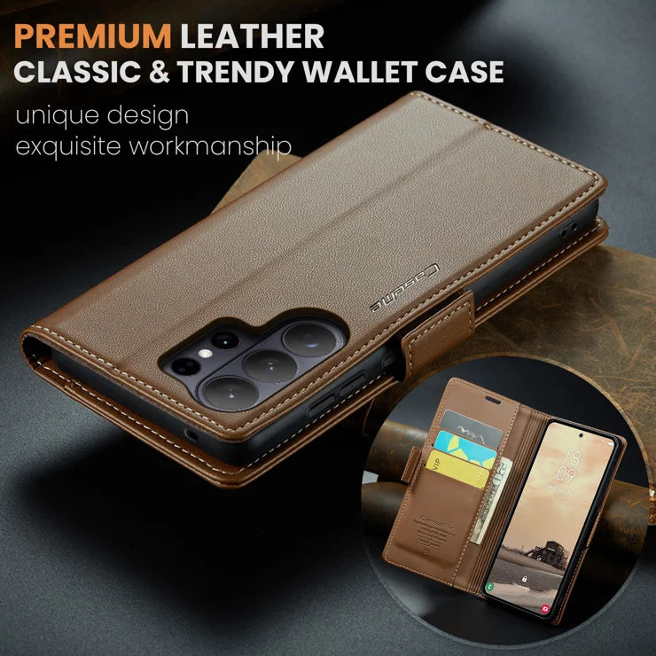 CASEME For Samsung Galaxy S26 Ultra Case 023 Series RFID Blocking Glossy Stand Phone Cover - Brown