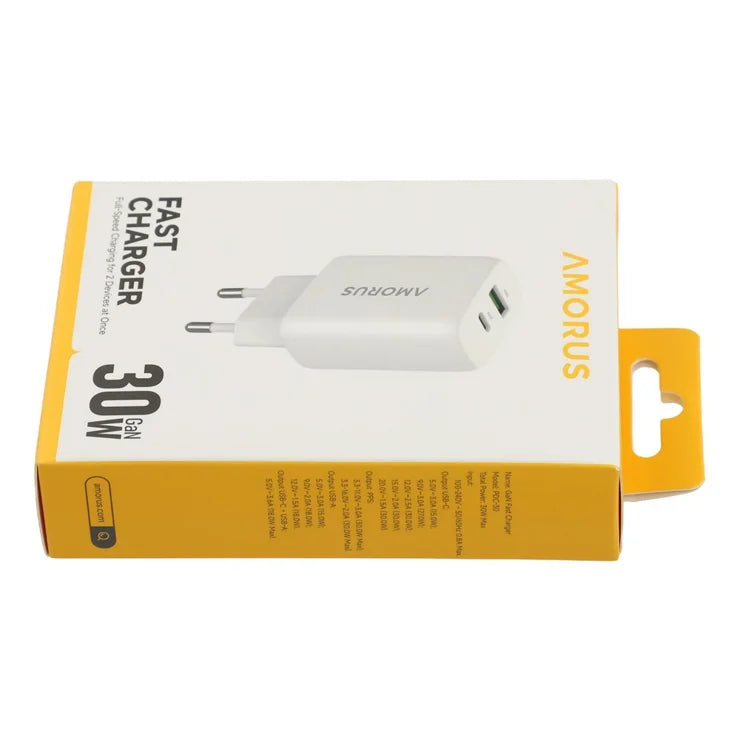 AMORUS PD 30W Type-C + QC 18W USB-A Dual Port GaN Power Adapter Hurtig Oplader til Telefon Tablet - EU Stik