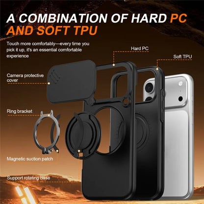 iPhone 17 Pro Magnetisk etui Ring Kickstand Slide Kameralåg TPU PC Hybrid Telefoncover - Sort