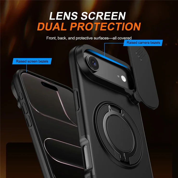 iPhone Air Magnetic Case Ring Kickstand Slide Camera Cover TPU PC Hybrid Phone Shell - Black