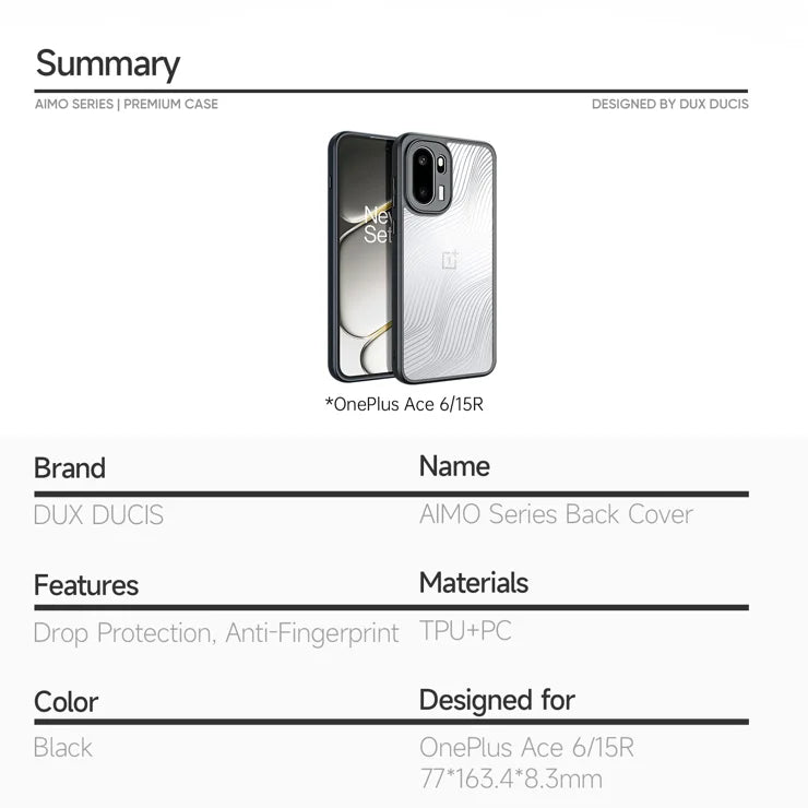 DUX DUCIS For OnePlus Ace 6 5G / OnePlus Ace 6T 5G / OnePlus 15R 5G Case  Aimo Series TPU+PC Matte Drop-proof Phone Cover (REACH Certification) - Black