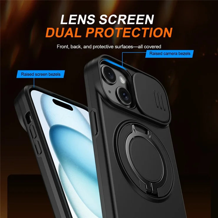 iPhone 15 Plus / 14 Plus Ring Kickstand Slide Camera Cover TPU PC Hybrid Phone Shell - Black