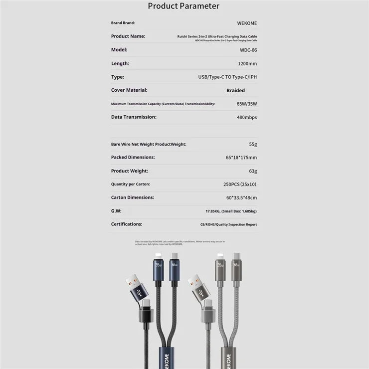 WEKOME WDC-66 USB / Type-C to Type-C / iP Cable 1.2m 3A 65W Super Fast Charging Data Sync Cord - Grey